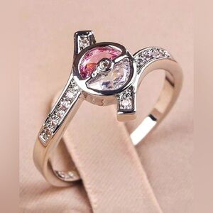 18K White Gold Unisex Pokemon Pokeball Ring W/ Pink Sapphire & Diamond Inlay